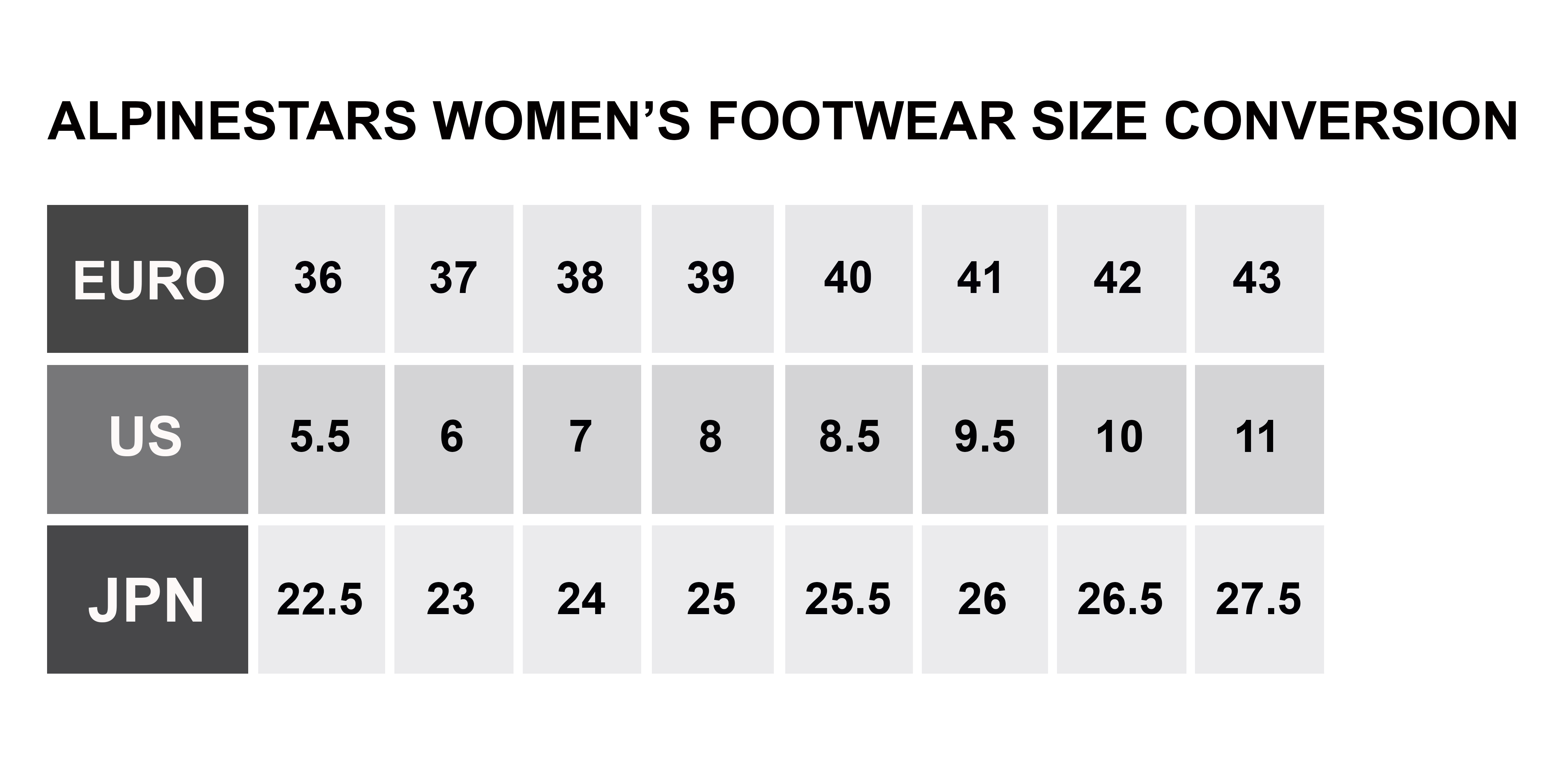 Alpine women footwear chart JPEG