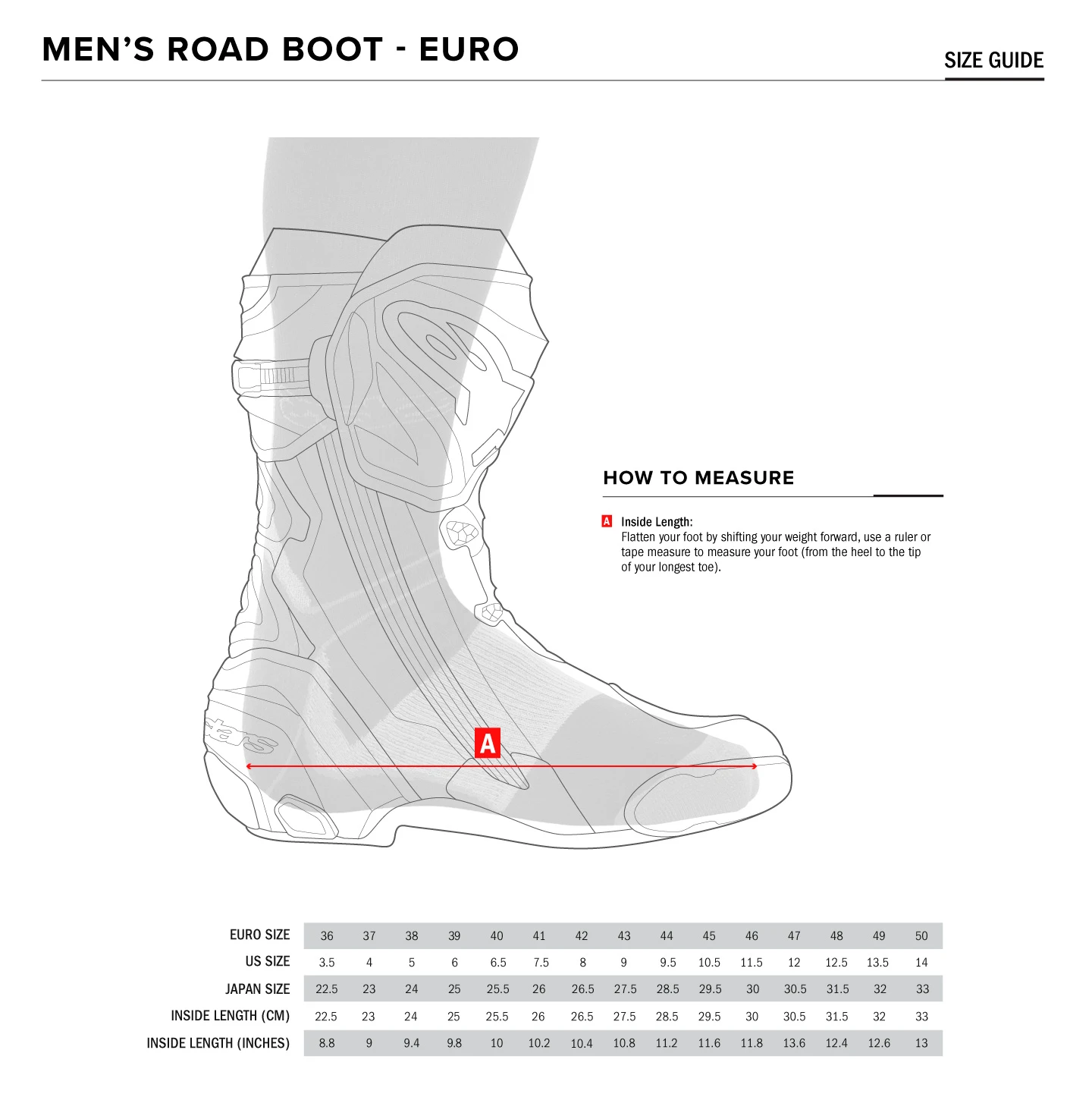 Racing Boots Size Chart